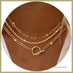 Gold Plated Layered Necklace Set with Toggle Clasp